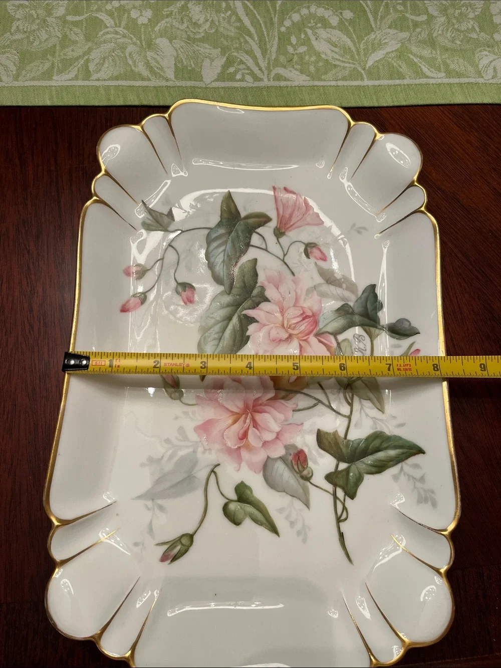 Antique Limoges White Porcelain Platter with Pink Floral Bouquet and Gold Trim